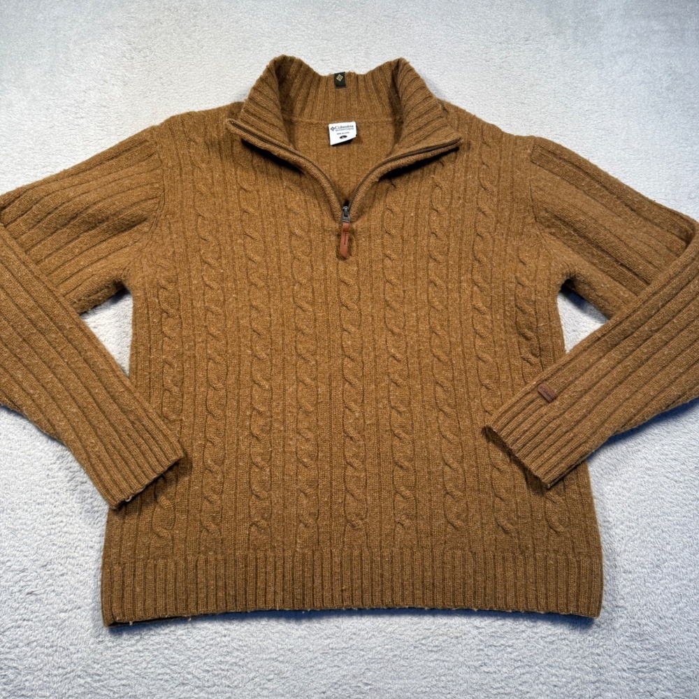 Y2K Columbia Cable Knit Quartet Zip 100%‎ Wool Sweater Brown Outdoor Gorpcore